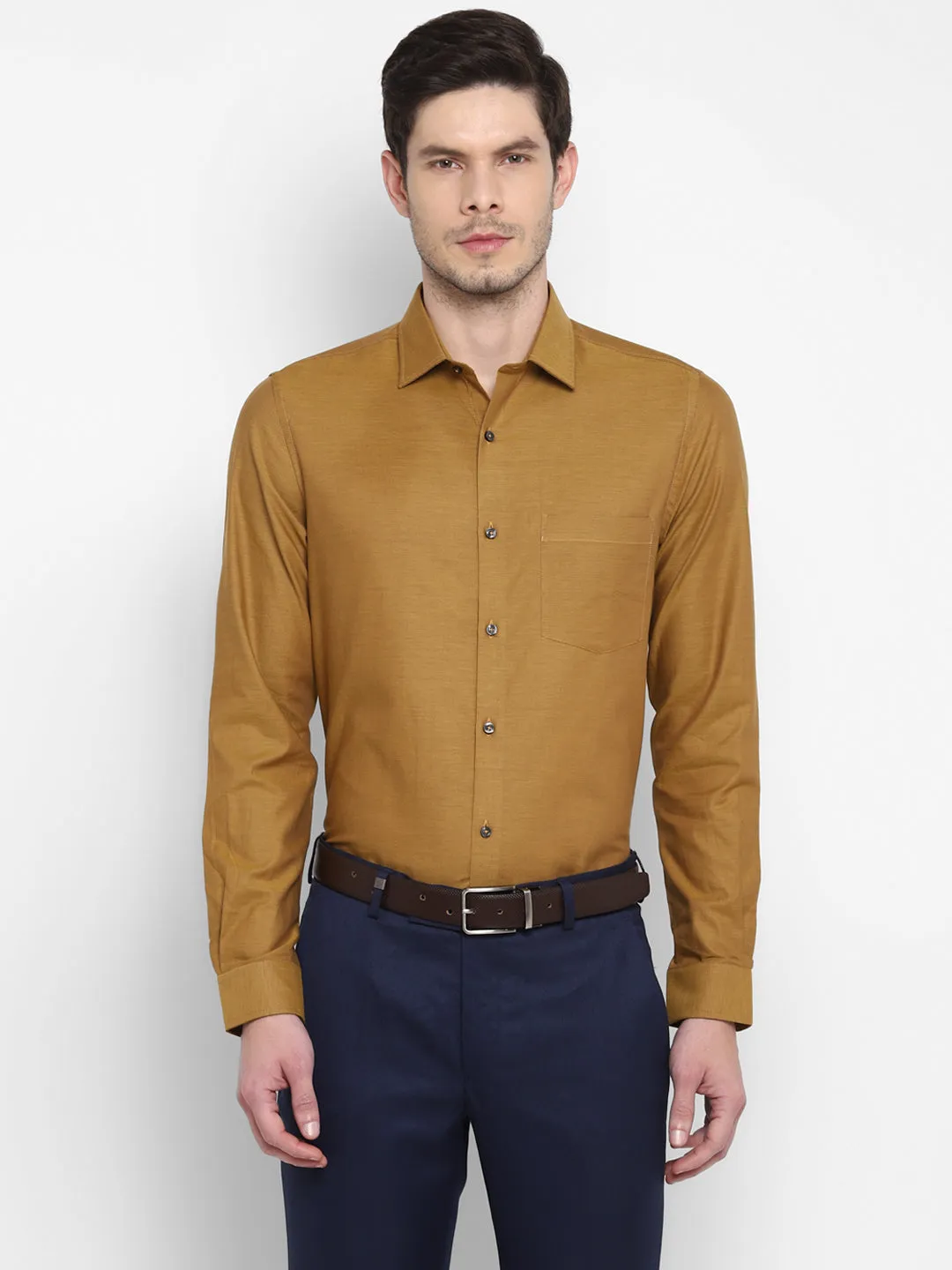 Self Design Brown Slim Fit Formal Shirt