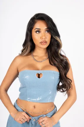 Sequin Blue Denim Bandeau Cut Out Heart Crop Top