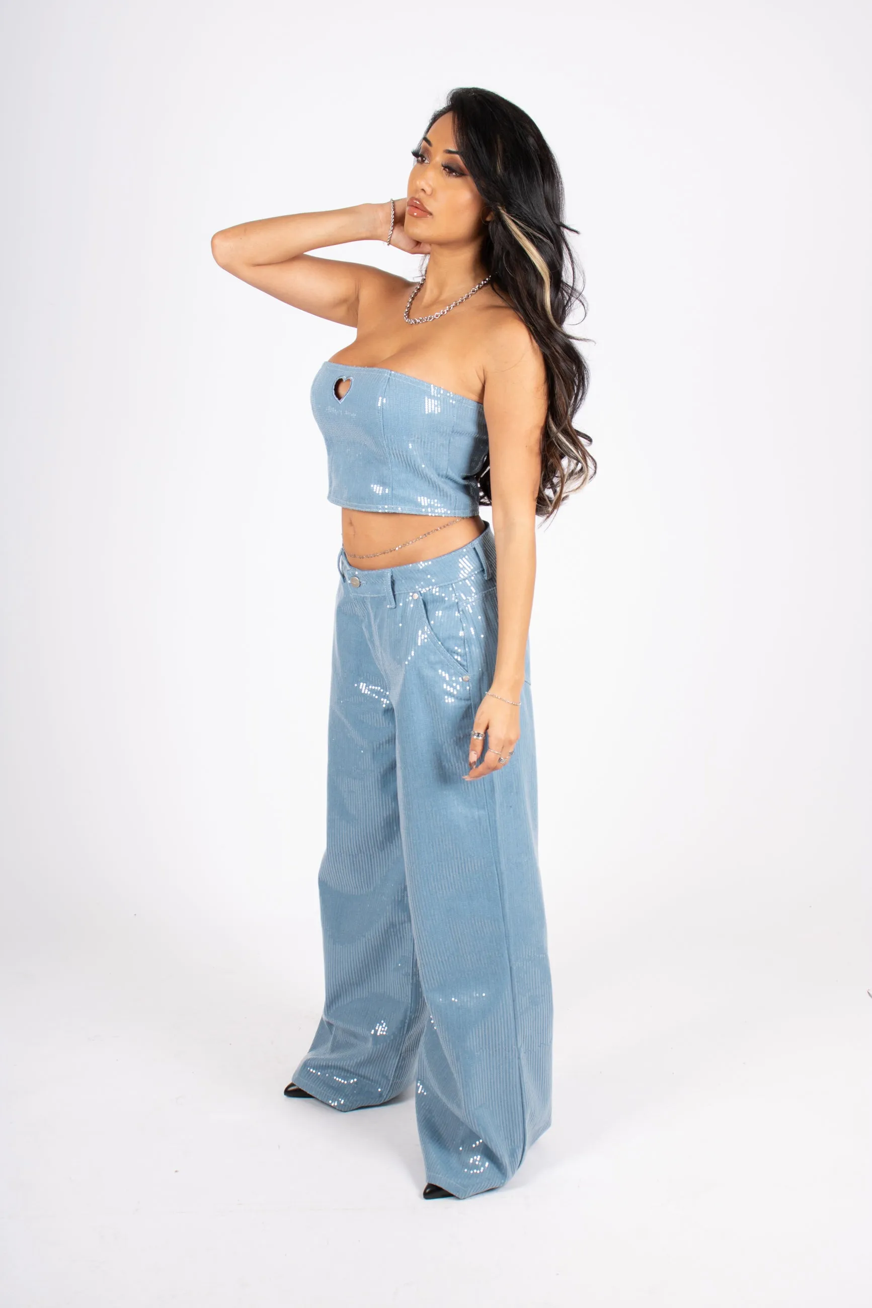 Sequin Blue Denim Bandeau Cut Out Heart Crop Top