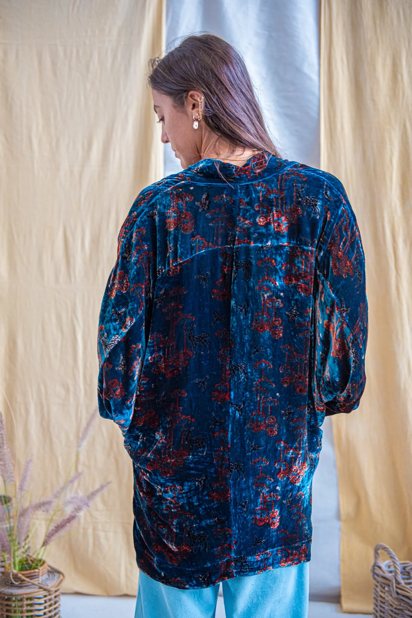 Silk Velvet Kimono Jacket - Indigo/Madder/Floral