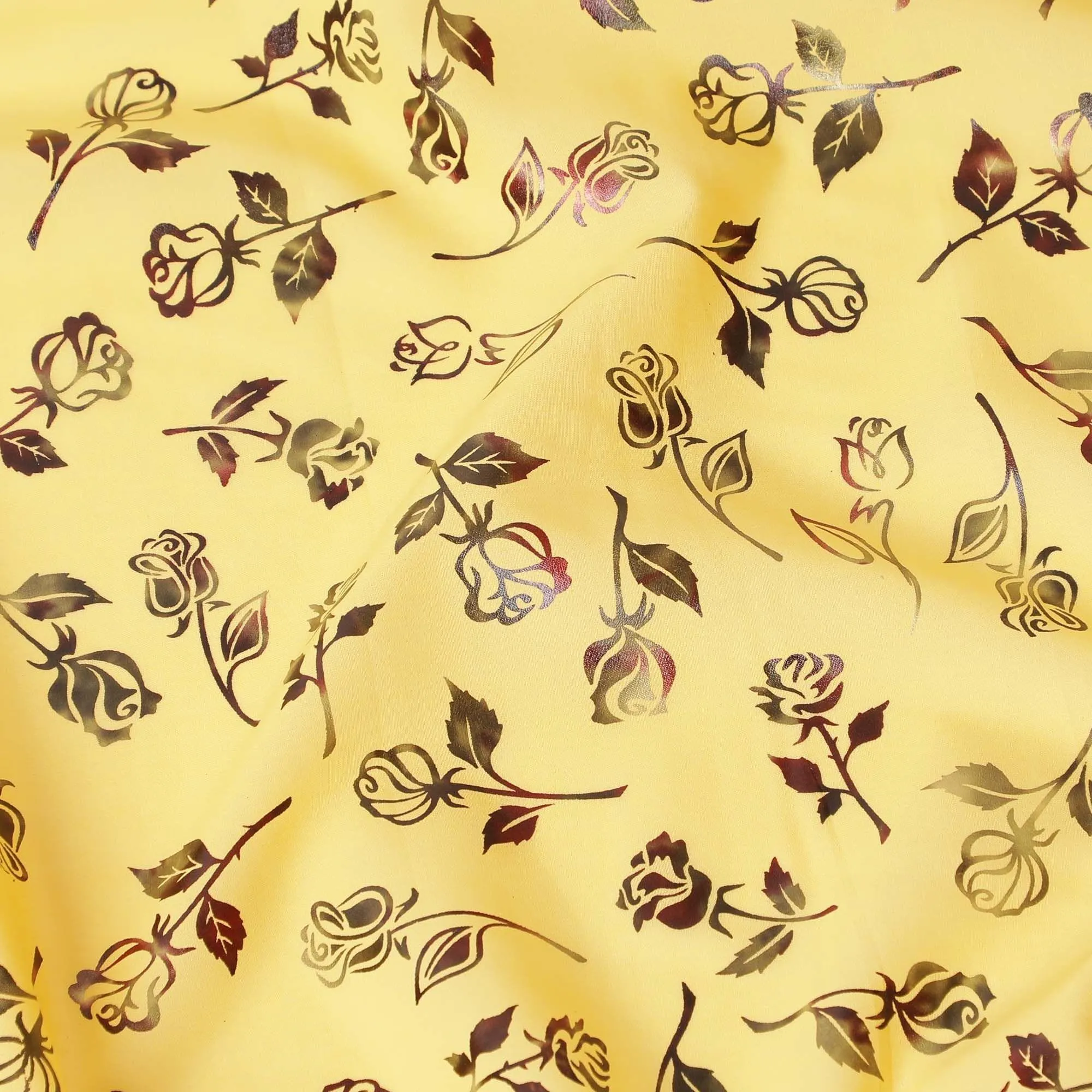 Sun flower yellow cotton voile fabric with black and olive green metallic foil print in floral design-D9784