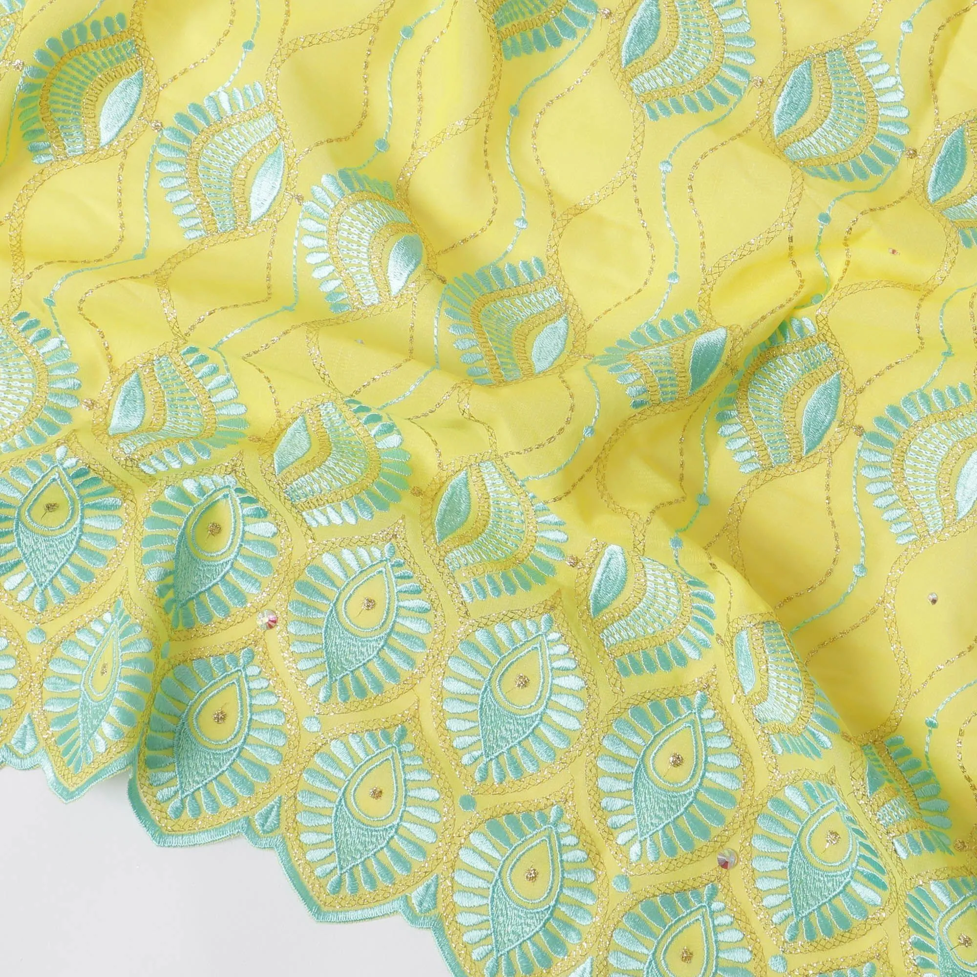 Sun flower yellow Premium pure 100% Swiss cotton voile (Sudanese Thobe) fabric with vista blue, gold embroidery having stone work in floral design-D13568