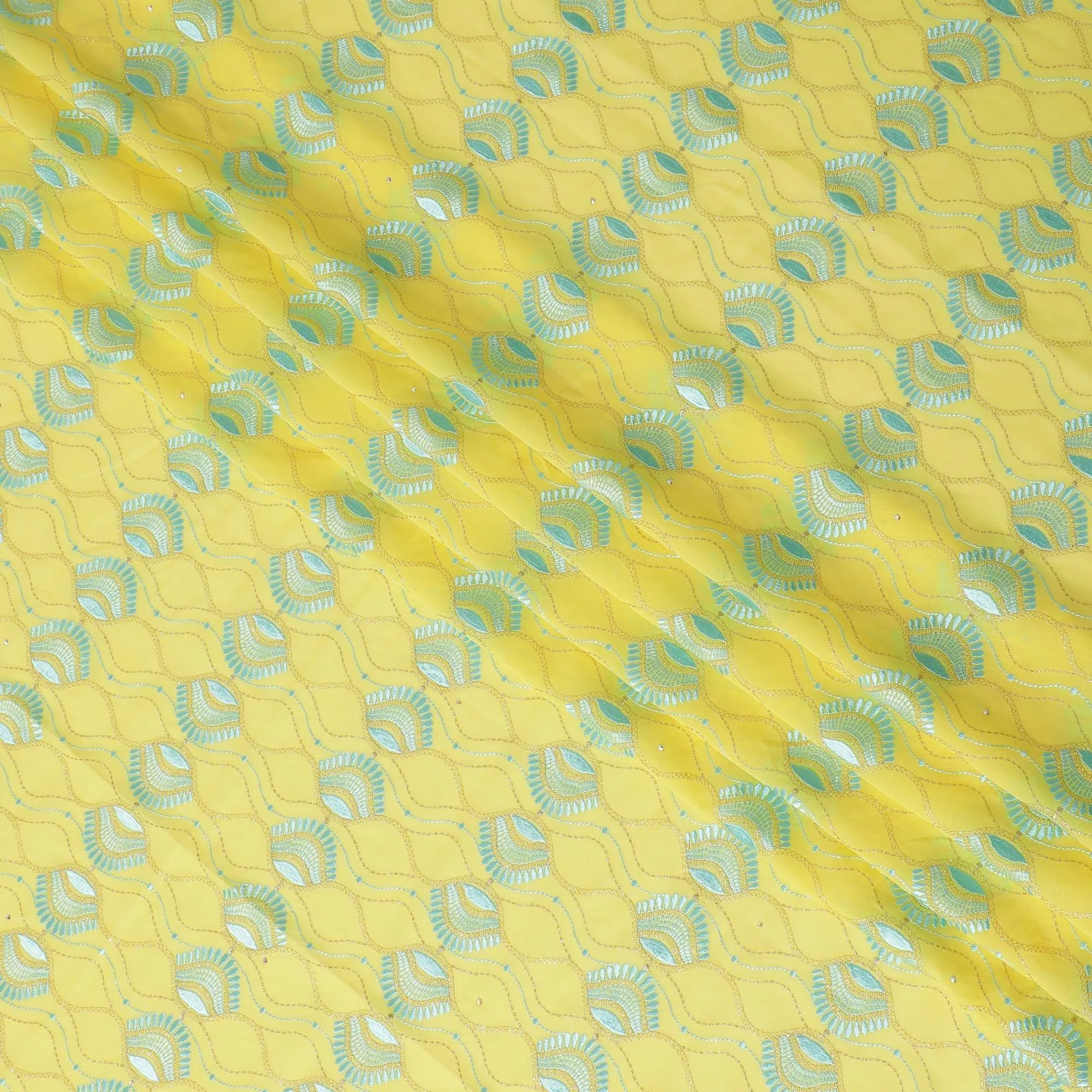 Sun flower yellow Premium pure 100% Swiss cotton voile (Sudanese Thobe) fabric with vista blue, gold embroidery having stone work in floral design-D13568