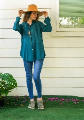 Teal Raw Cotton Gauze Collared Long Sleeve Blouse