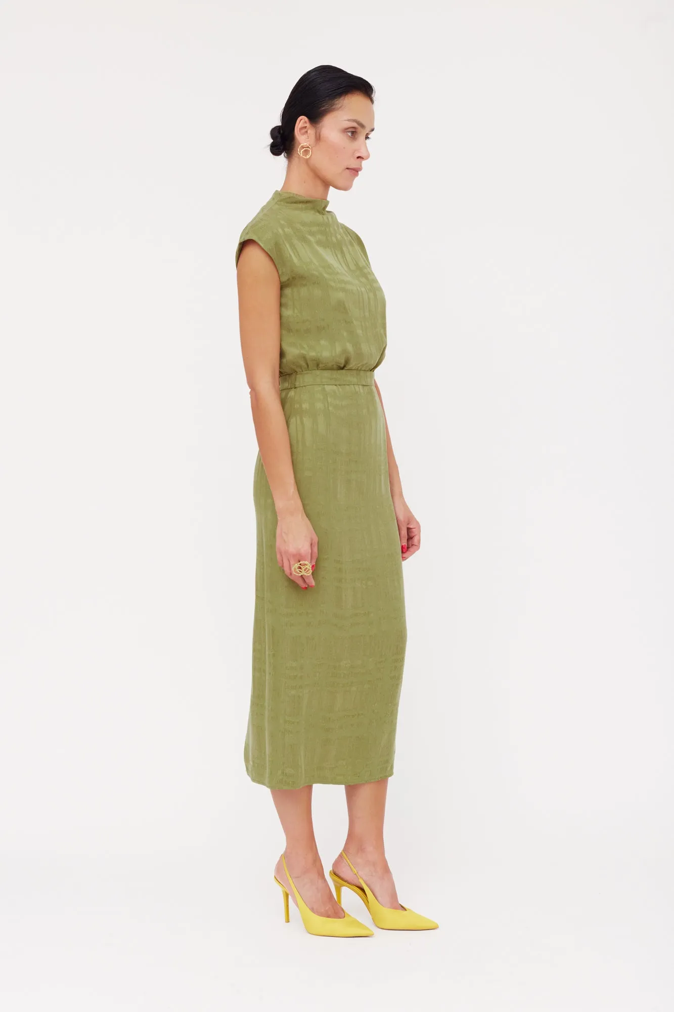 TESSA Olive Green Cupro Fabric Kimono Sleeves Midi Dress