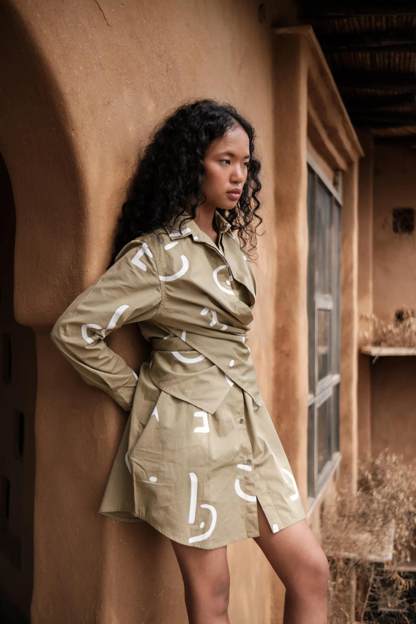 The Terra Tribe Khaki Line Printed Seattle Wrap Shirt Dress