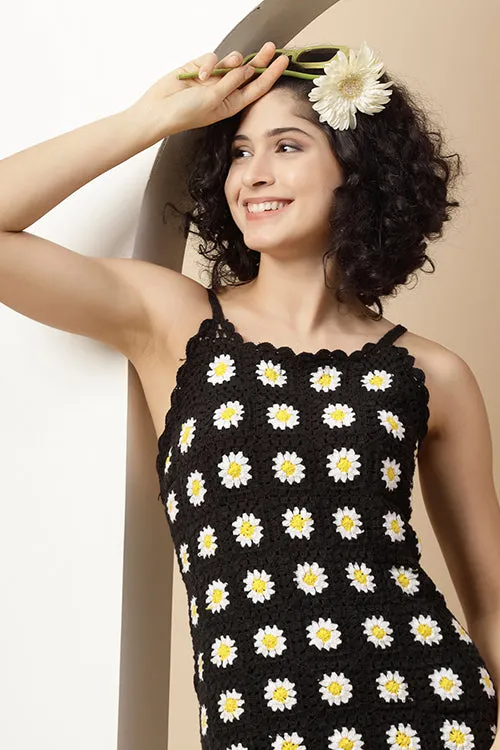 Velvery "Bohemian" Handmade Daisy Crochet Black & Multi Partywear Dress