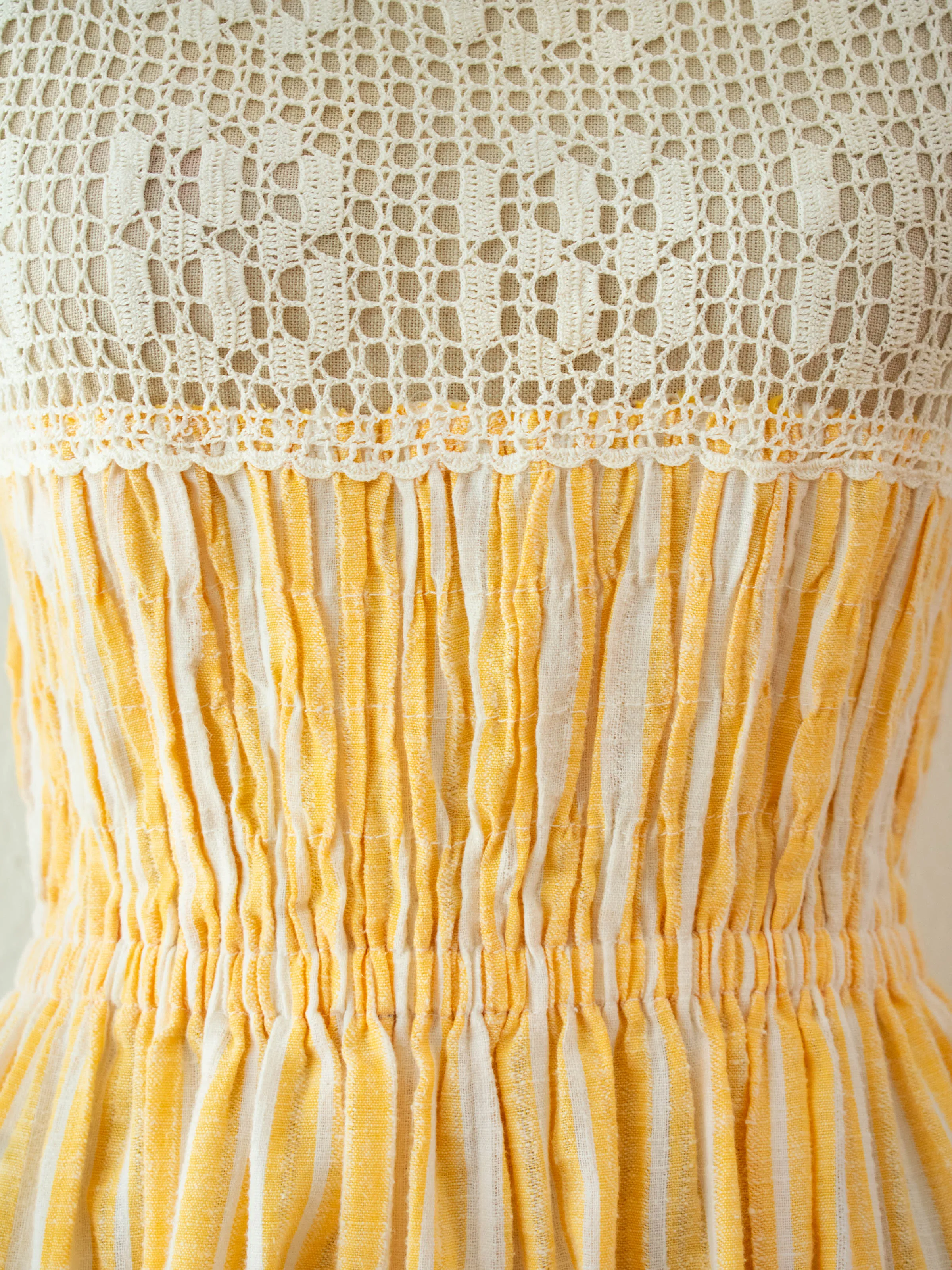 Vintage 1970s Creamsicle Striped Cotton & Crochet Sundress S/M