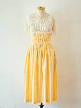 Vintage 1970s Creamsicle Striped Cotton & Crochet Sundress S/M