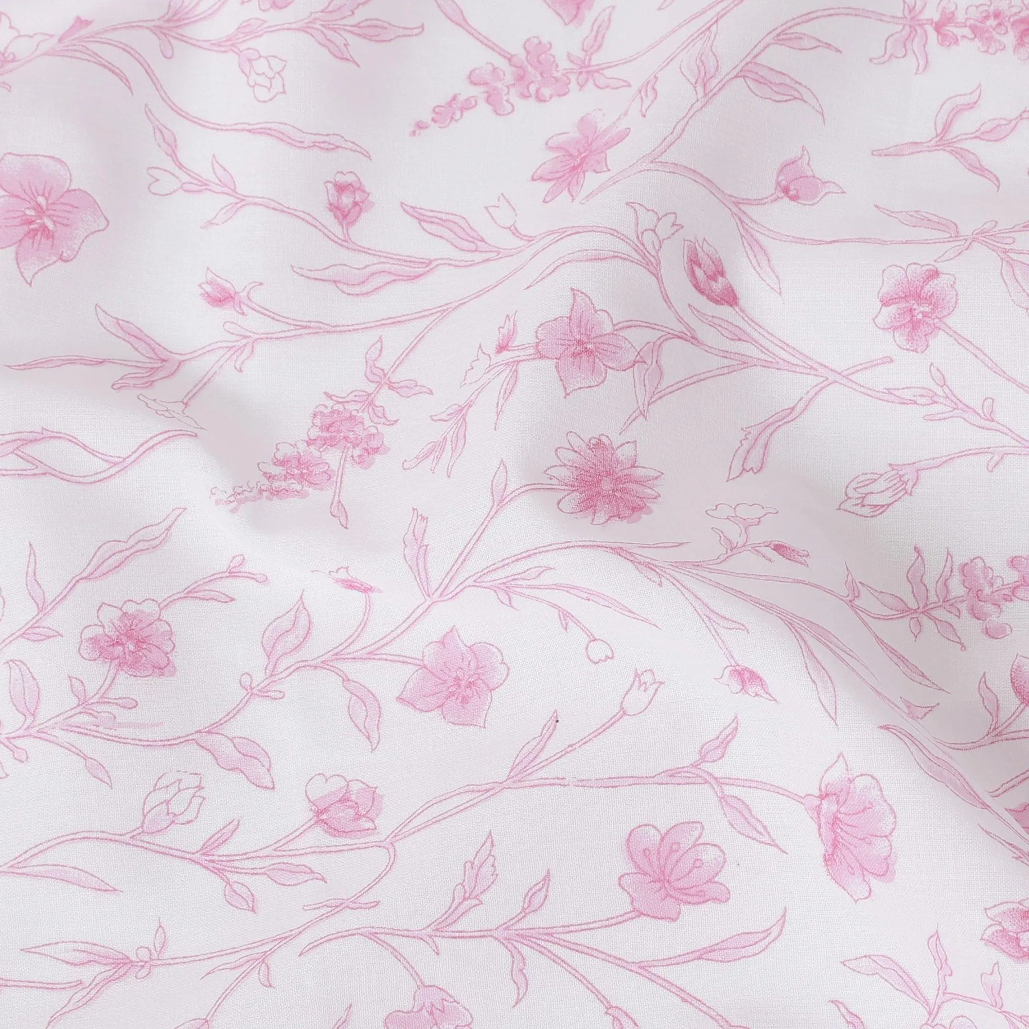 White cotton voile fabric with baby pink print in floral design-D15421