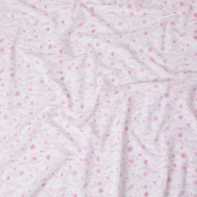 White cotton voile fabric with baby pink print in floral design-D15421