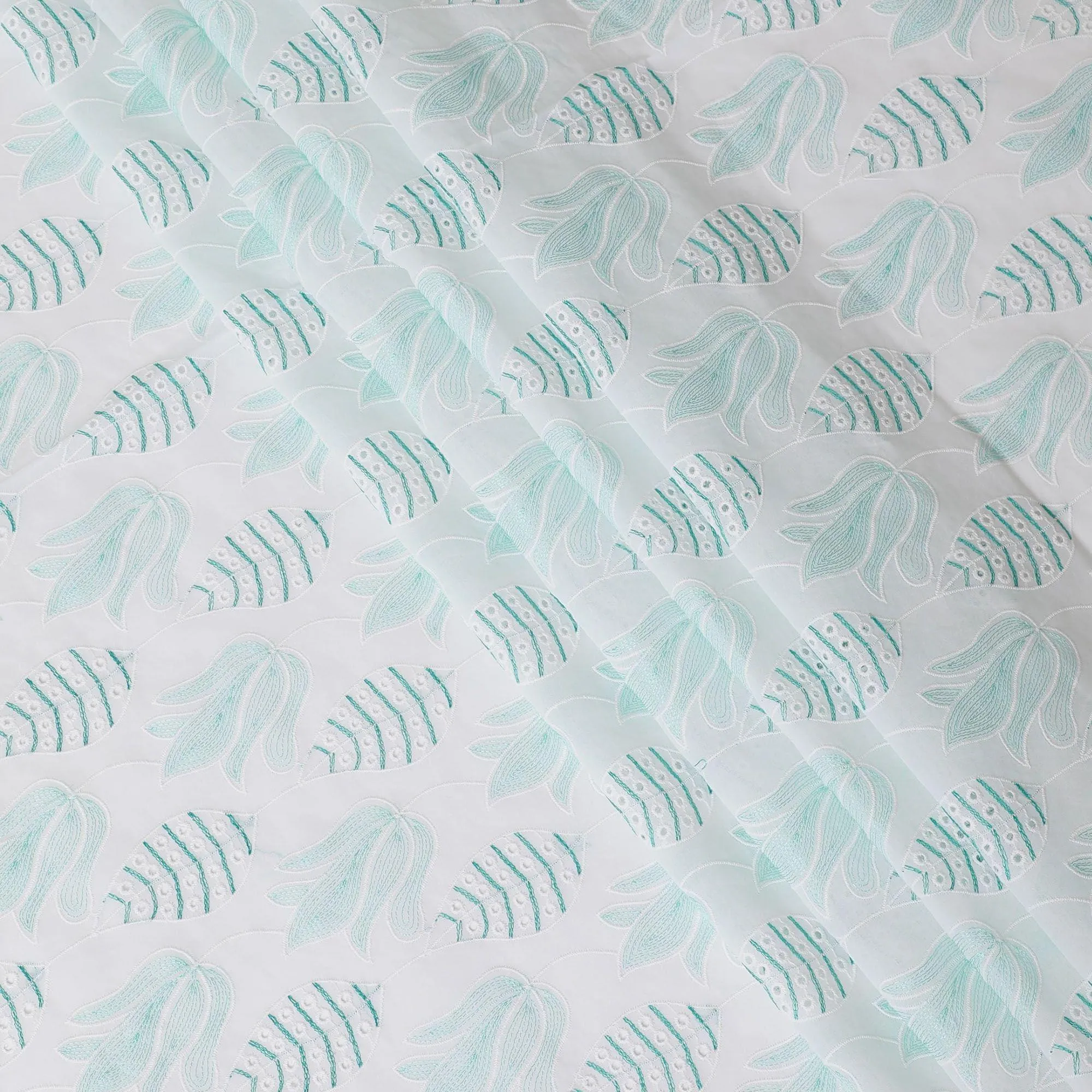 White cotton voile fabric with same tone and turquoise green embroidery in Leaf design-D9772