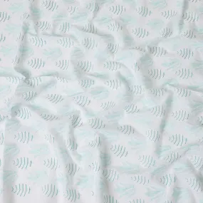 White cotton voile fabric with same tone and turquoise green embroidery in Leaf design-D9772