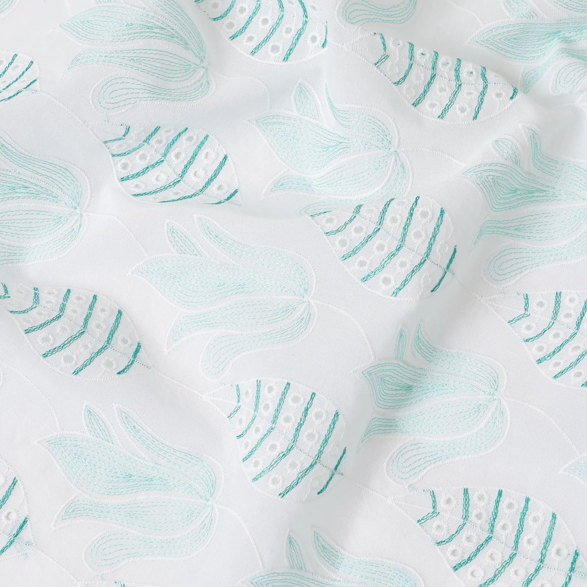 White cotton voile fabric with same tone and turquoise green embroidery in Leaf design-D9772