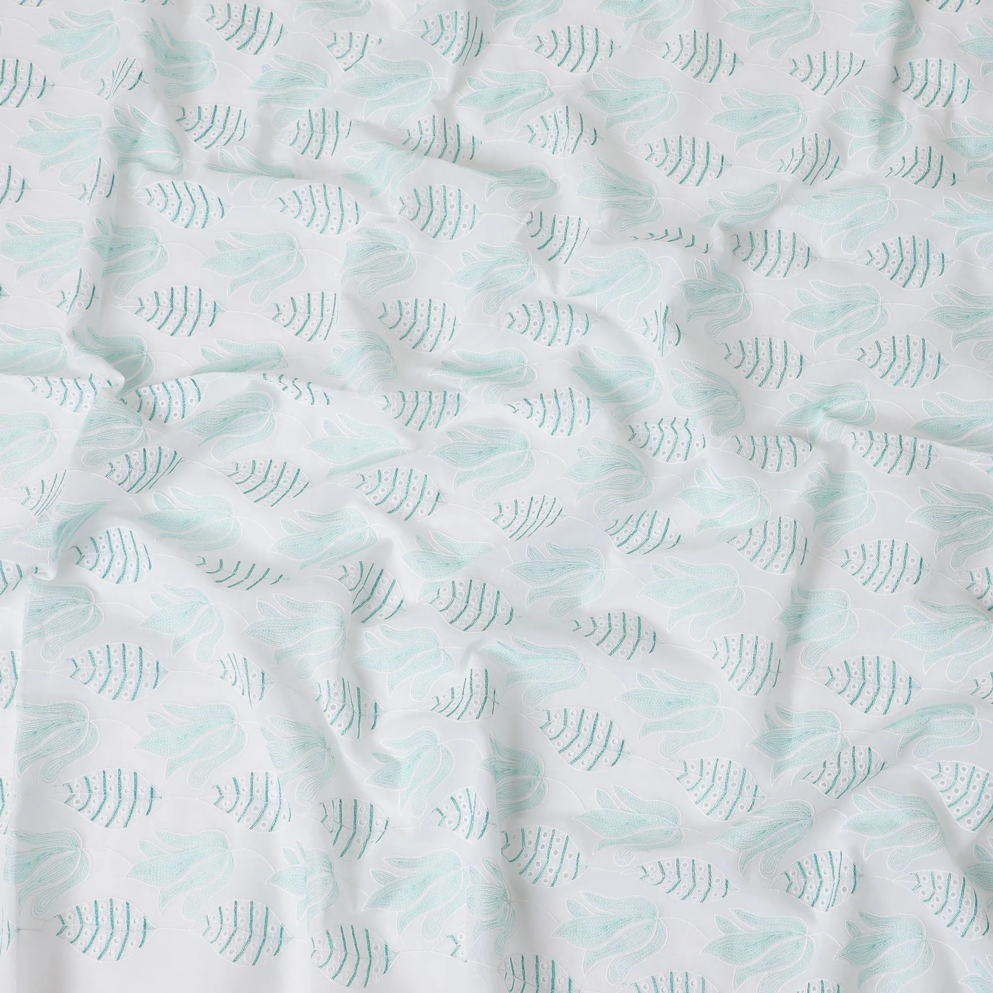 White cotton voile fabric with same tone and turquoise green embroidery in Leaf design-D9772