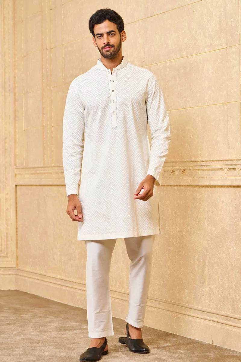 White Short Length Jacquard Kurta