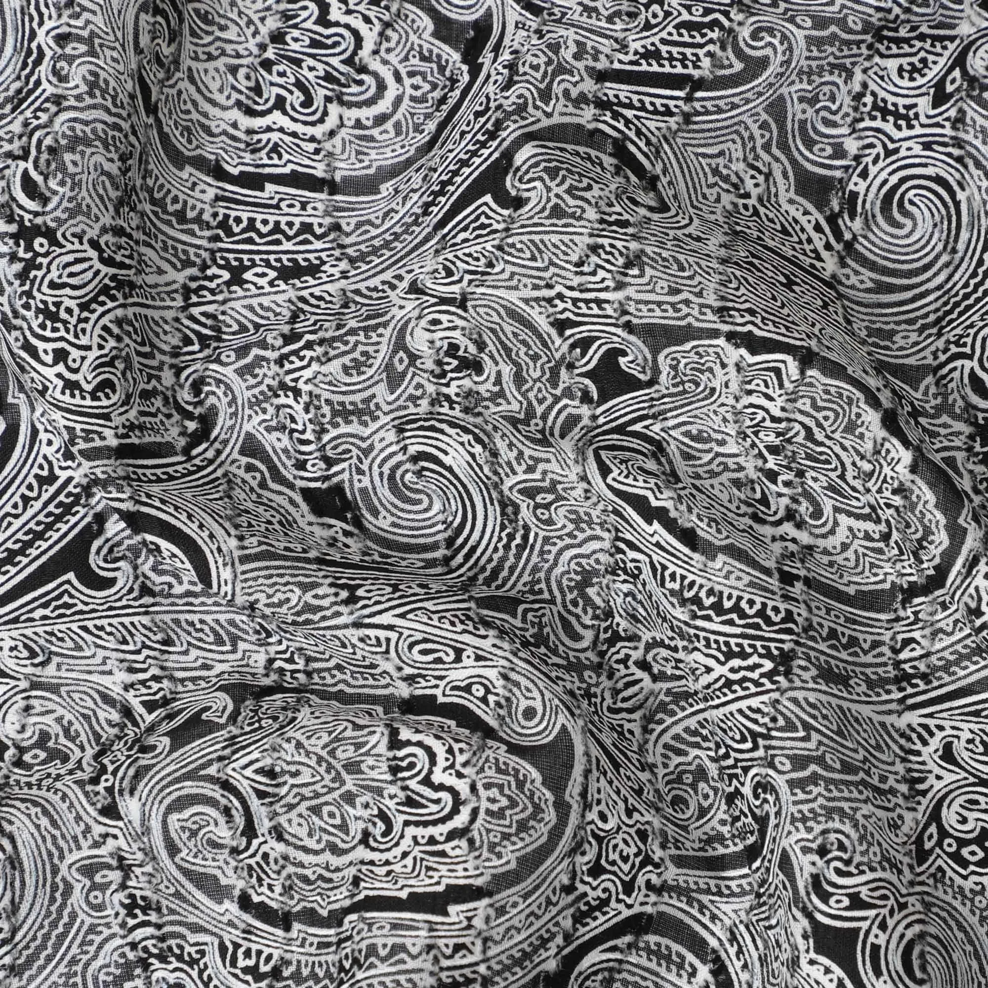 White Uragiri cotton fabric with black colour prints in paisley design-11228