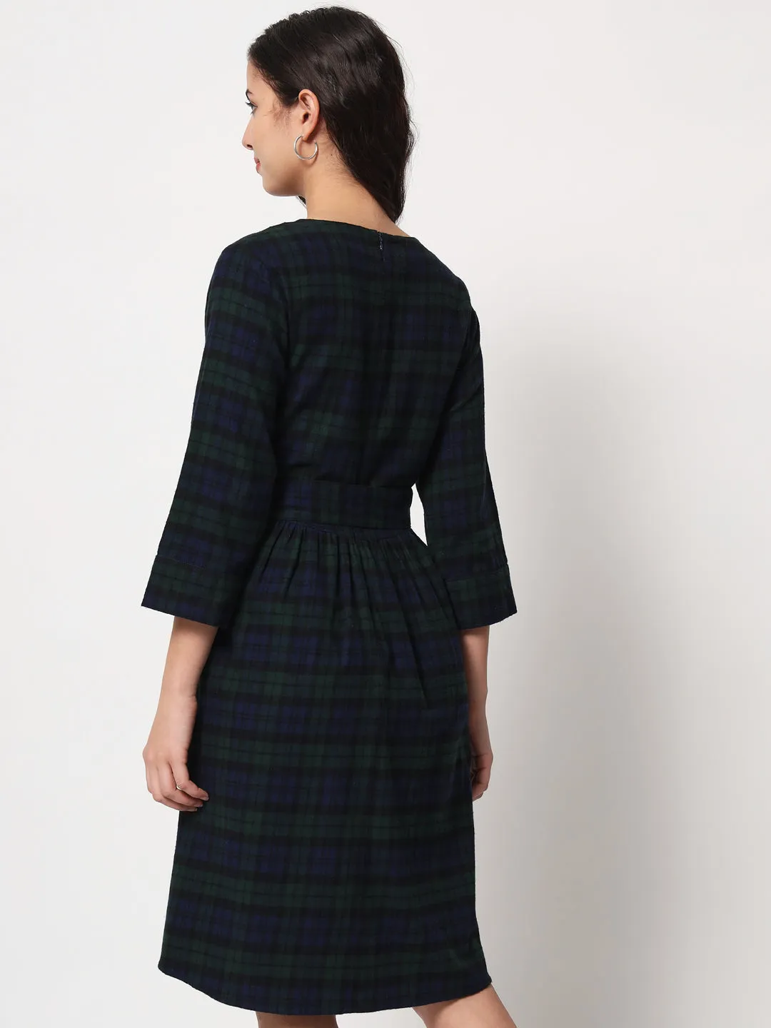 Women Blue And Green Tartan Checked Tulip Hemline Cotton A Line Dress