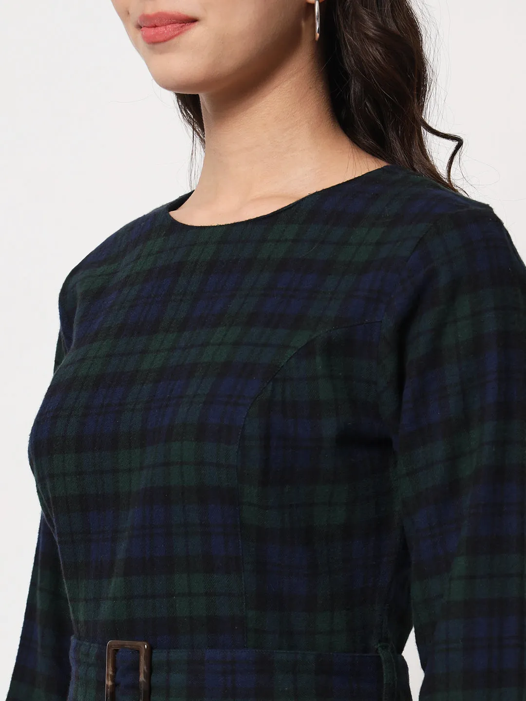 Women Blue And Green Tartan Checked Tulip Hemline Cotton A Line Dress